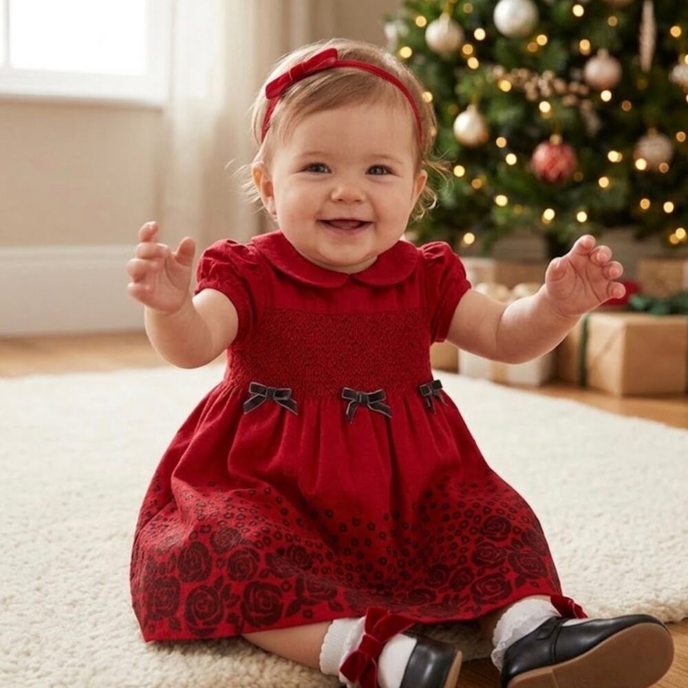 Janie and Jack 100% Silk Smocked Holiday Dress Baby 6-12mo Peter Pan Collar Red
